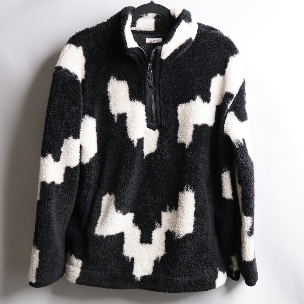 Womens‎ Cow Print Sherpa Fleece 1/4 Zip Pullover Sweater Quirky Animal Print M